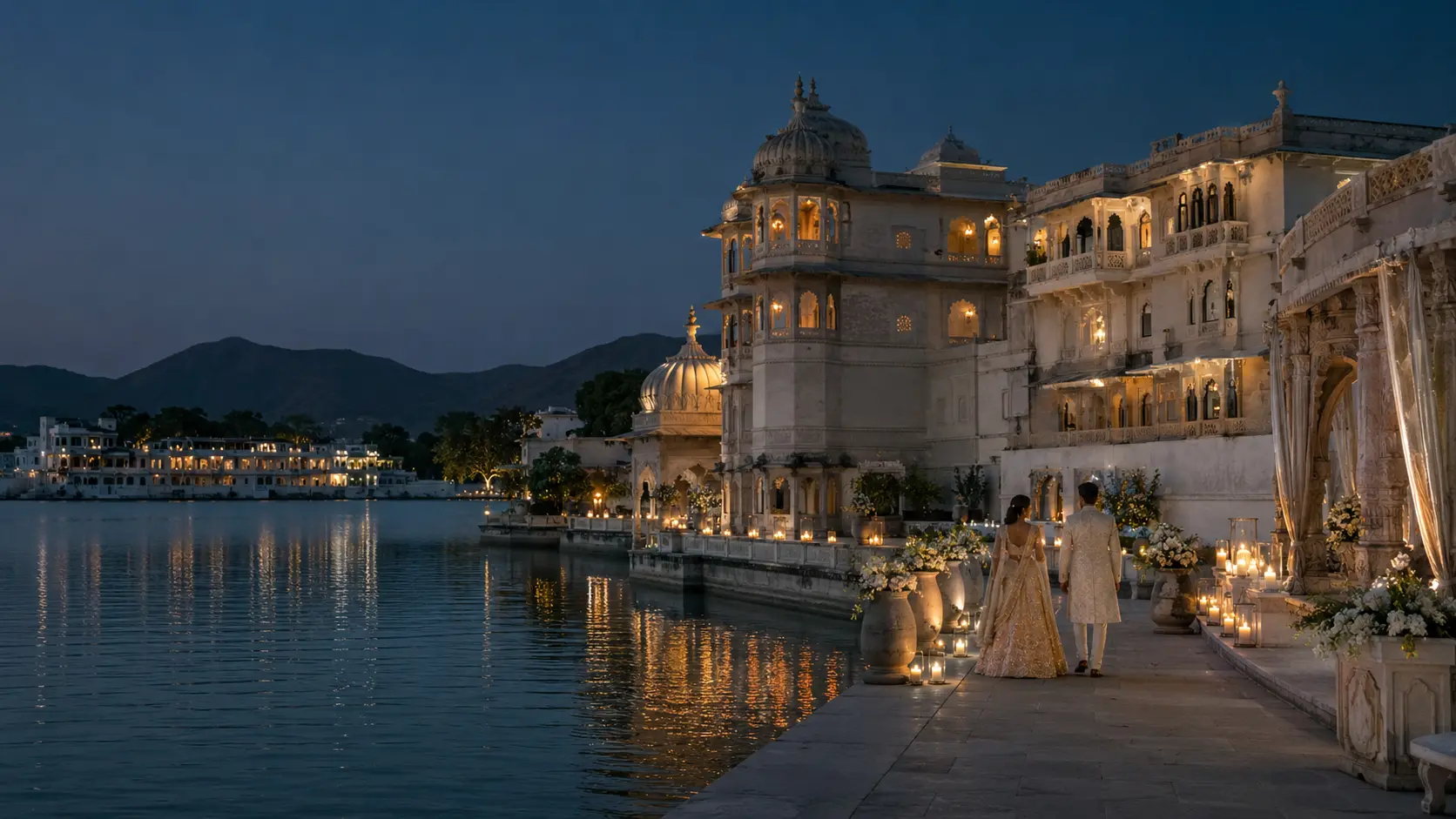 A couple walking beside a candlelit palace and lake in Udaipur at blue hour